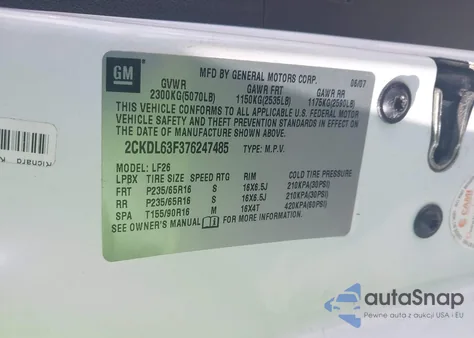 2007 Pontiac Torrent z USA, uszkodzony, nr VIN 2CKDL63F376247485